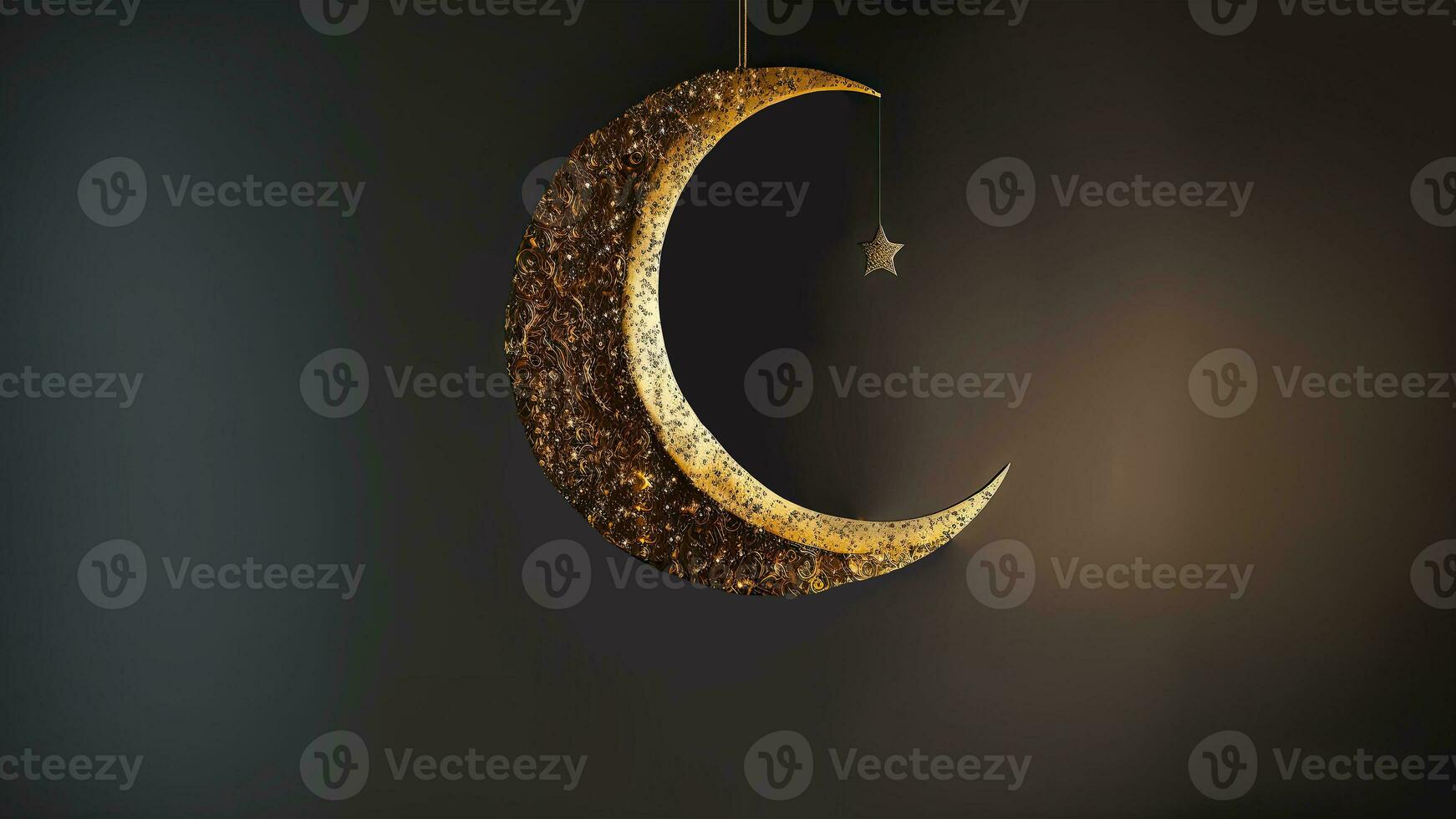 Hanging Exquisite Crescent Moon With Golden Shiny Star On Dark Background. 3D Render. photo