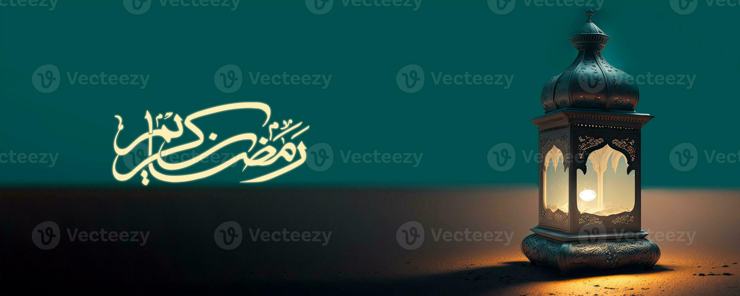 Arabic Calligraphy of Ramadan Kareem With Realistic Illuminated Arabic Lamp On Teal And Black Background. 3D Render, Banner or Header Design. photo