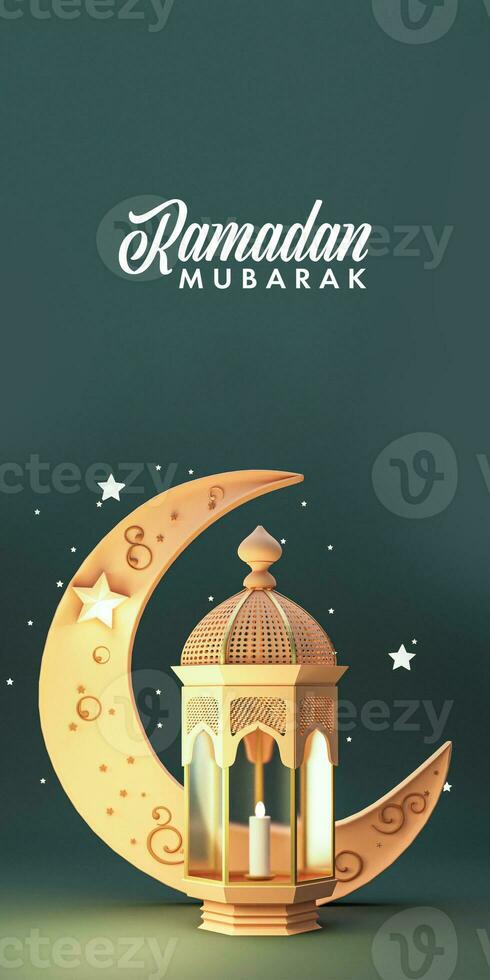Ramadan Mubarak Banner 3D Render, Golden Crescent Moon With Illuminated Arabic Lantern On Green Background. photo