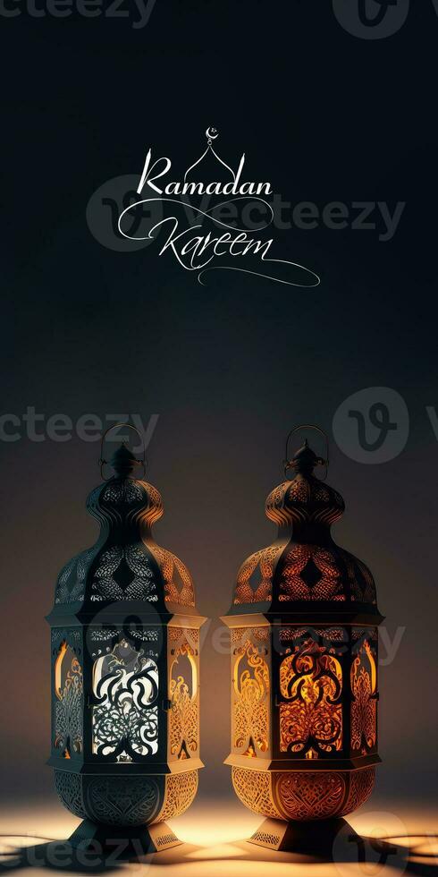 Ramadan Kareem Banner Design With Realistic Illuminated Arabic Lamp On Brown Background. photo