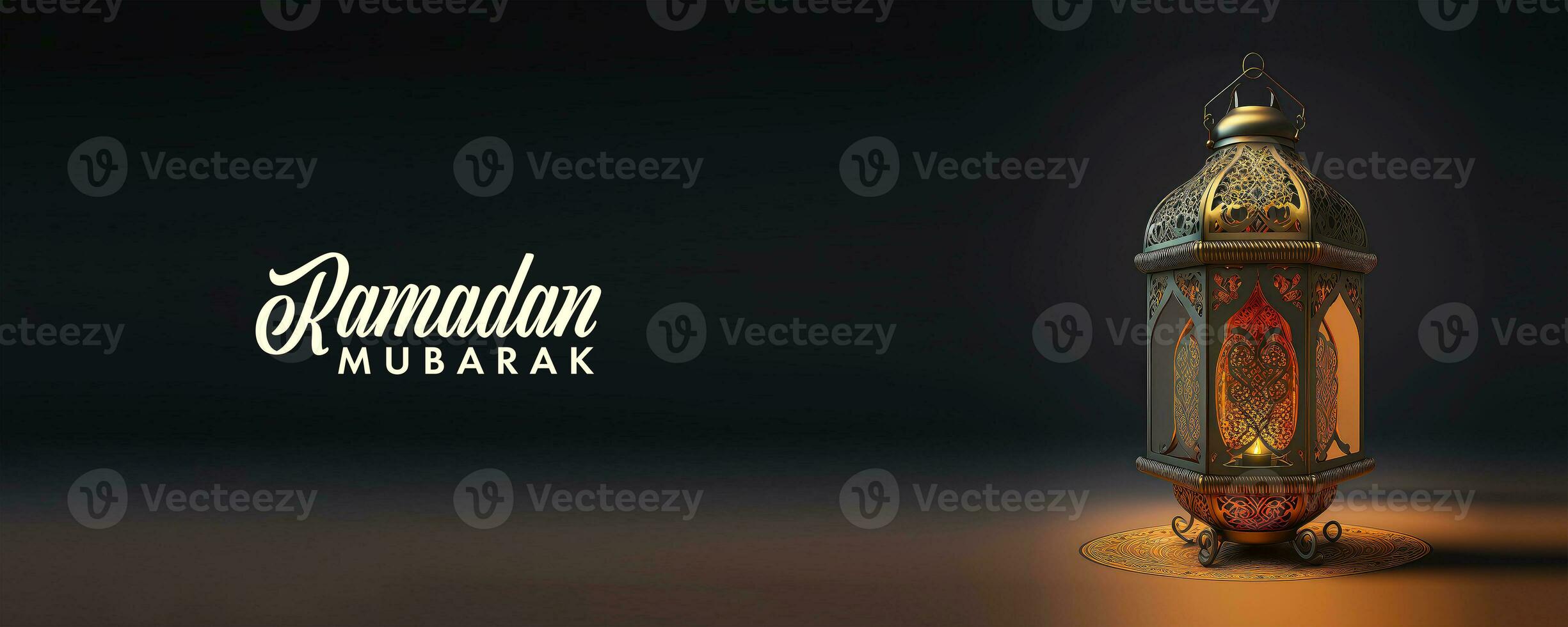 Ramadan Mubarak Banner Design With Realistic Illuminated Arabic Lamp On Dark Background. 3D Render. photo