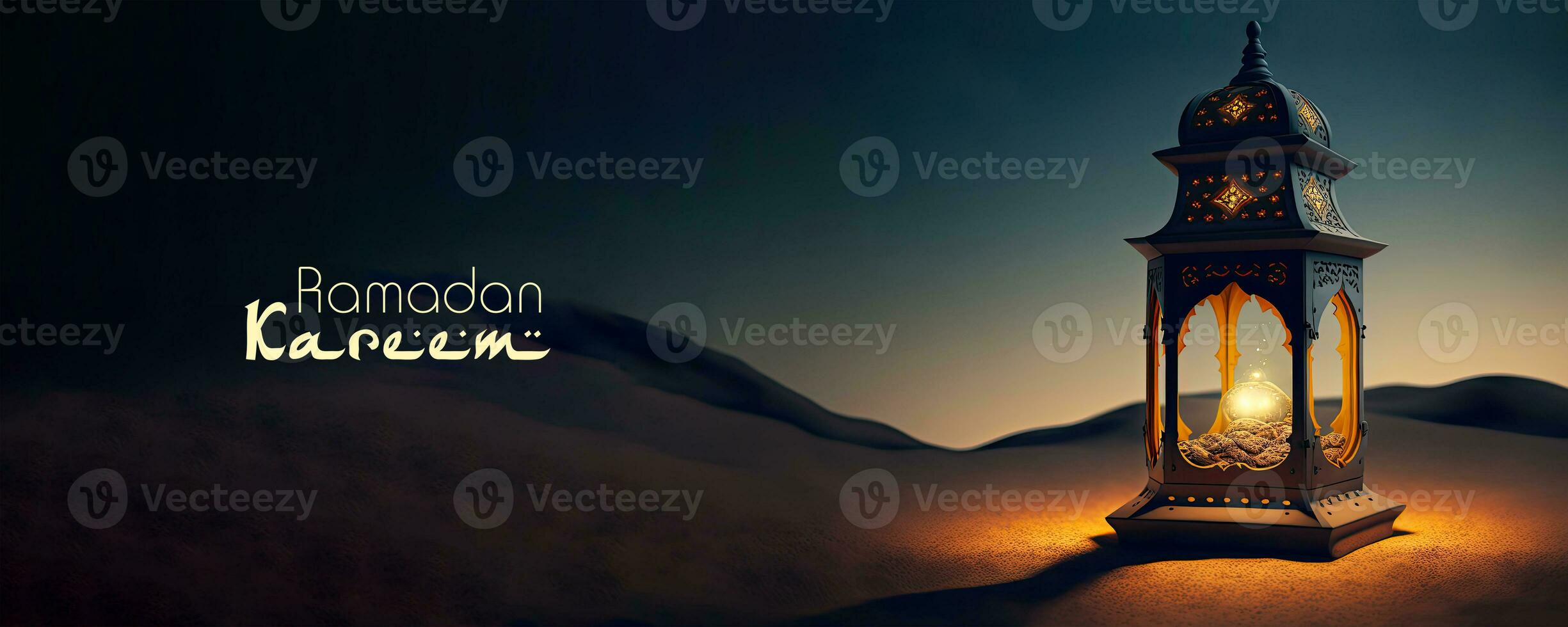 Ramadan Kareem Banner Design With 3D Render, Illuminated Golden Exquisite Arabic Lamp On Sand Dune. photo