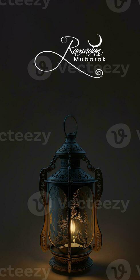 Ramadan Mubarak Vertical Banner Design With Realistic Illuminated Arabic Lantern On Black And Brown Background. 3D Render. photo