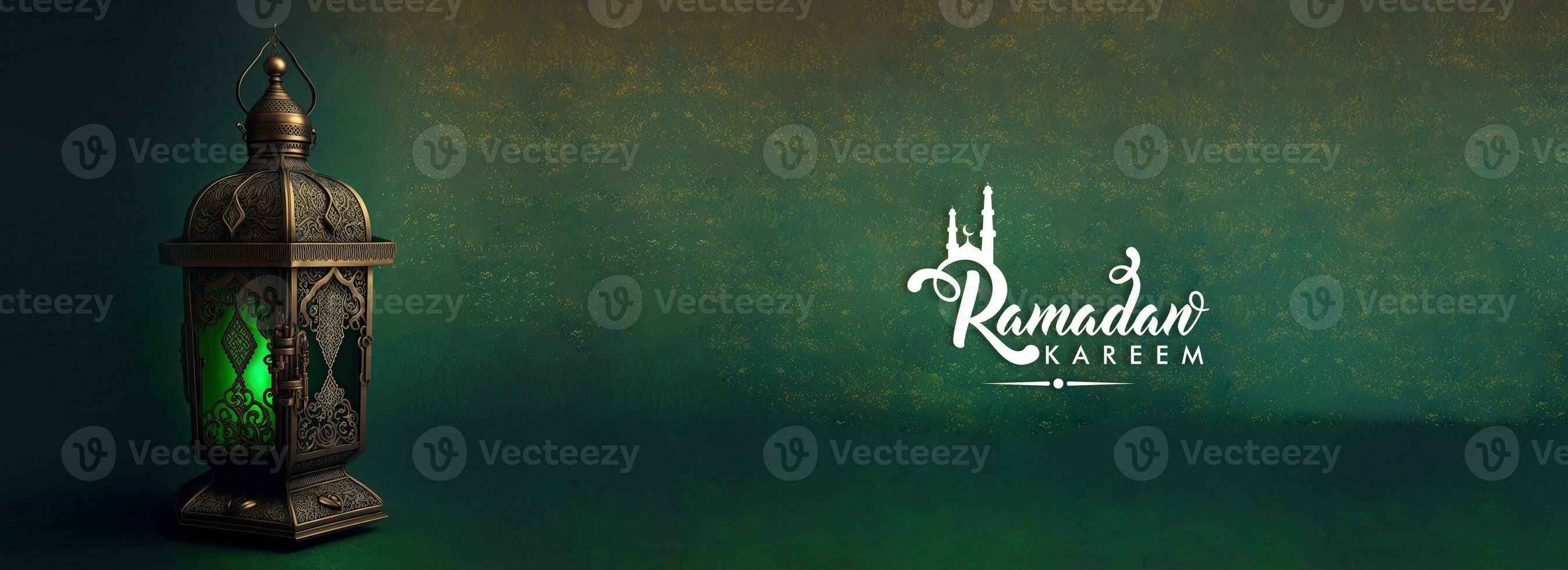 Ramadan Kareem Banner Design With Illuminated Arabic Lamp On Green Shiny Background. 3D Render. photo