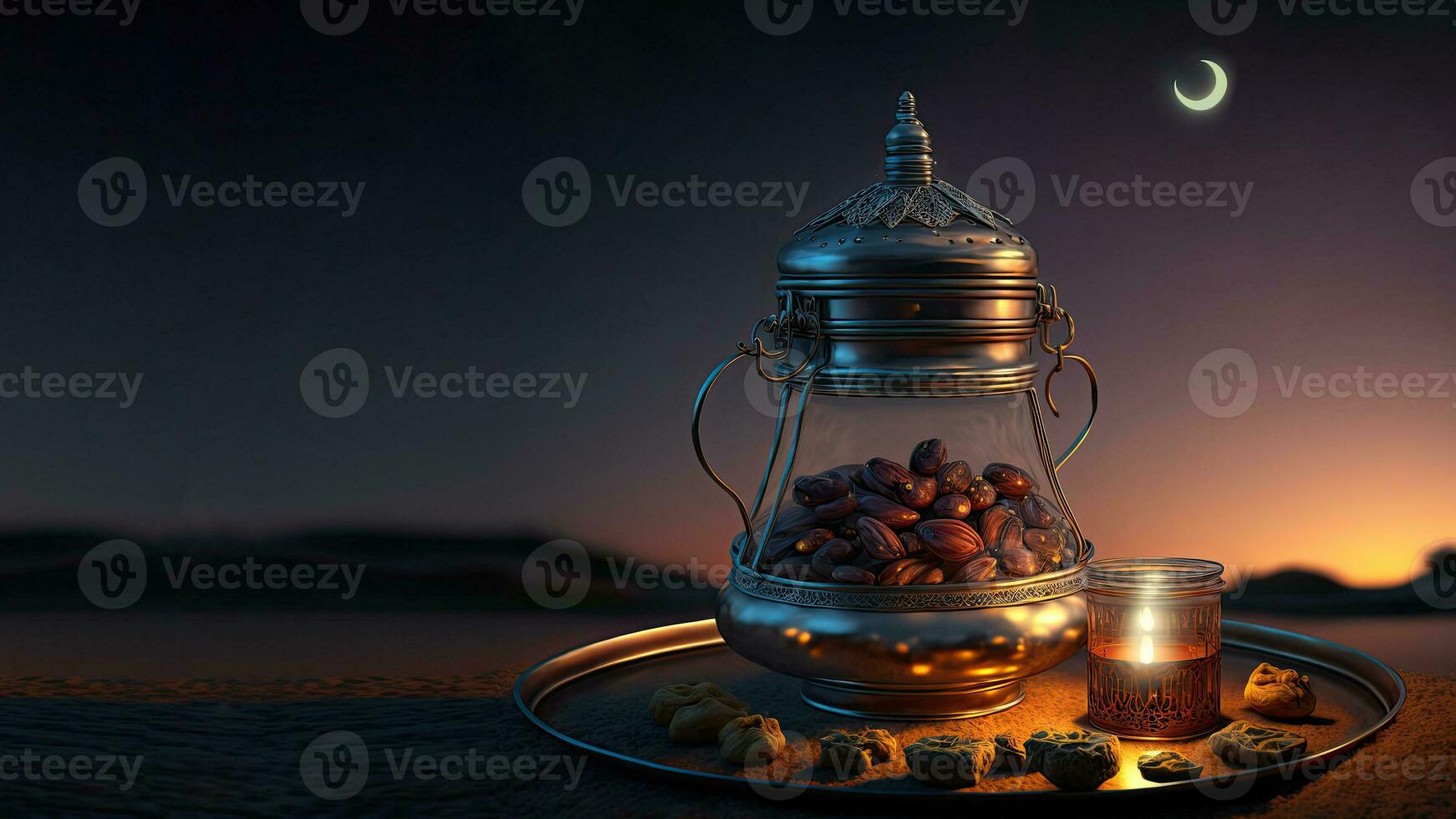 3D Render of Arabic Dates Jug With Lit Lantern On Plate In Cresent Moon Night Background. Islamic Religious Concept. photo