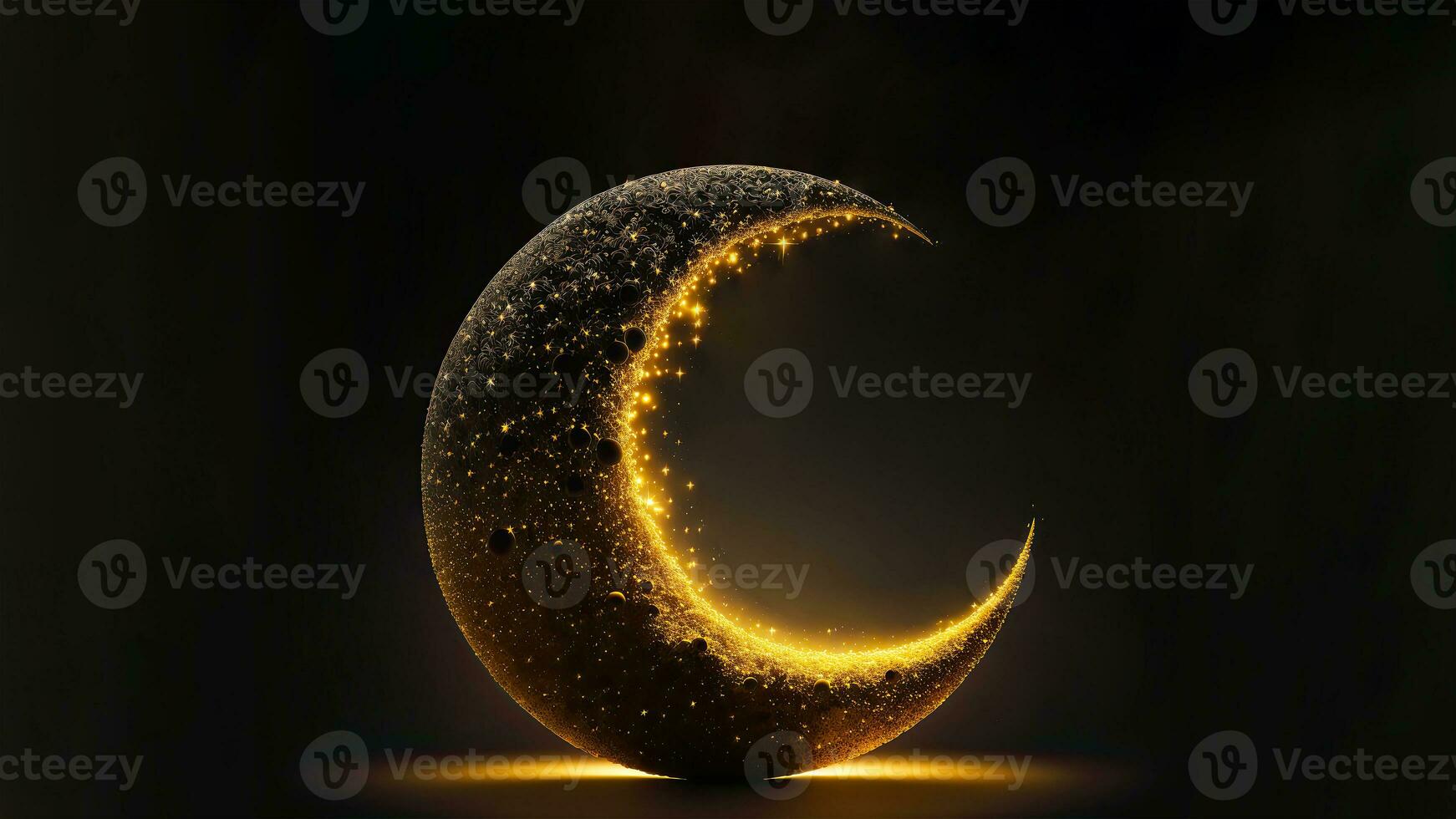 Hanging Exquisite Crescent Moon On Dark Background. 3D Render. Islamic Festival Concept. photo