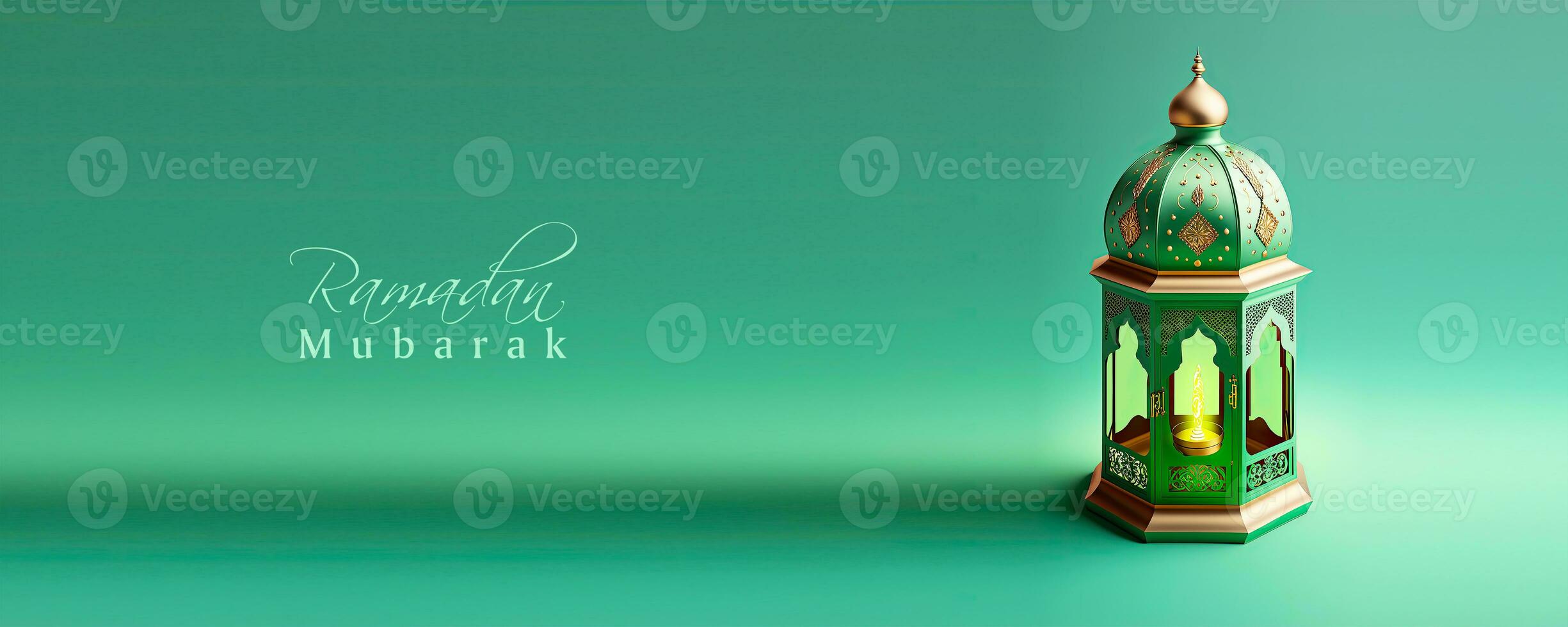 Ramadan Mubarak Banner Design With 3D Render of Illuminated Arabic Lamp On Sea Green Background. photo