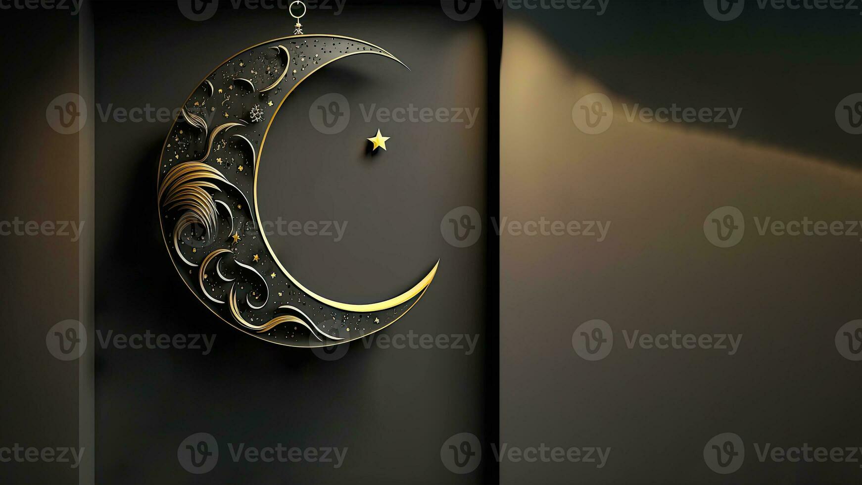 Hanging Exquisite Crescent Moon With Golden Shiny Star On Dark Background. 3D Render. photo