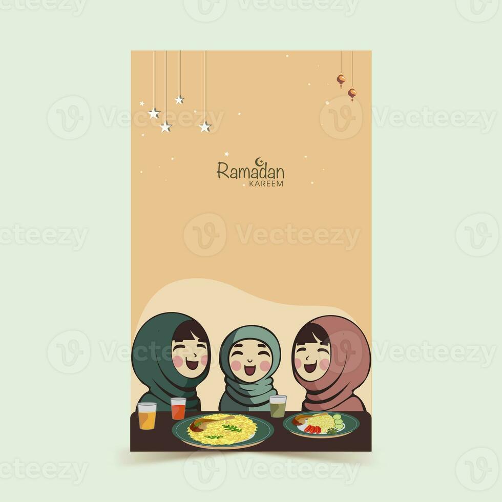 Ramadan Kareem Vertical Banner Design With Cheerful Muslim Girls Characters In Front of Delicious Foods On Peach Background. photo
