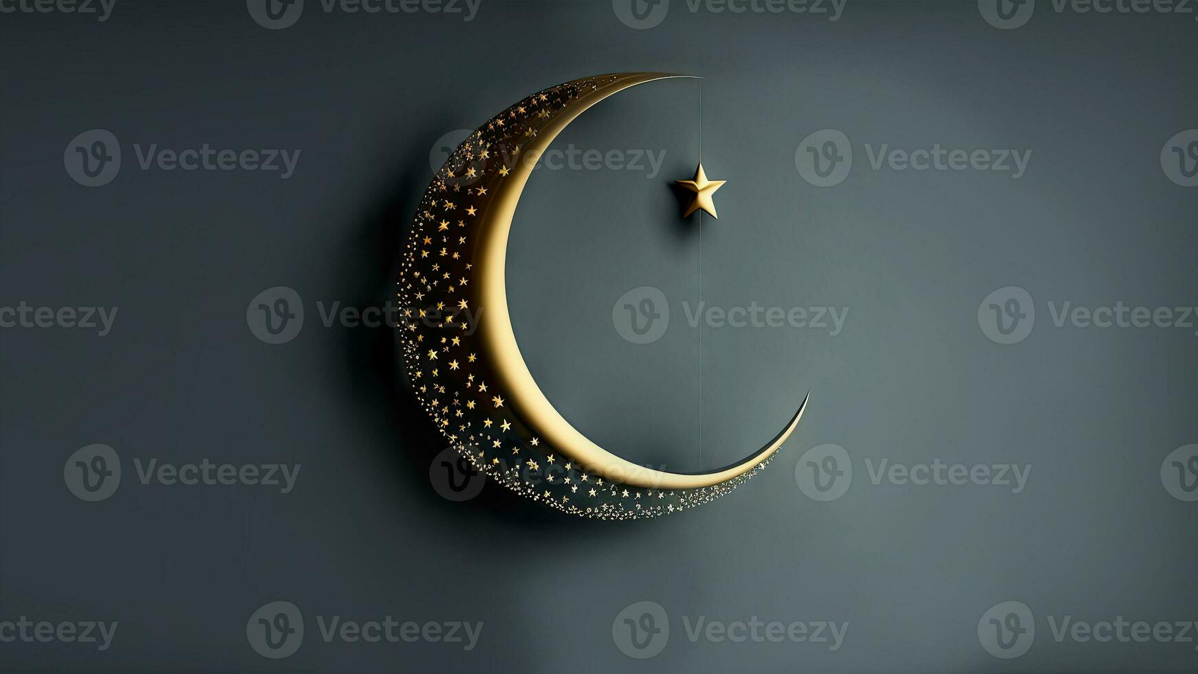 3D Render of Exquisite Shiny Carved Moon With Star On Dark Background. Islamic Religious Concept. photo