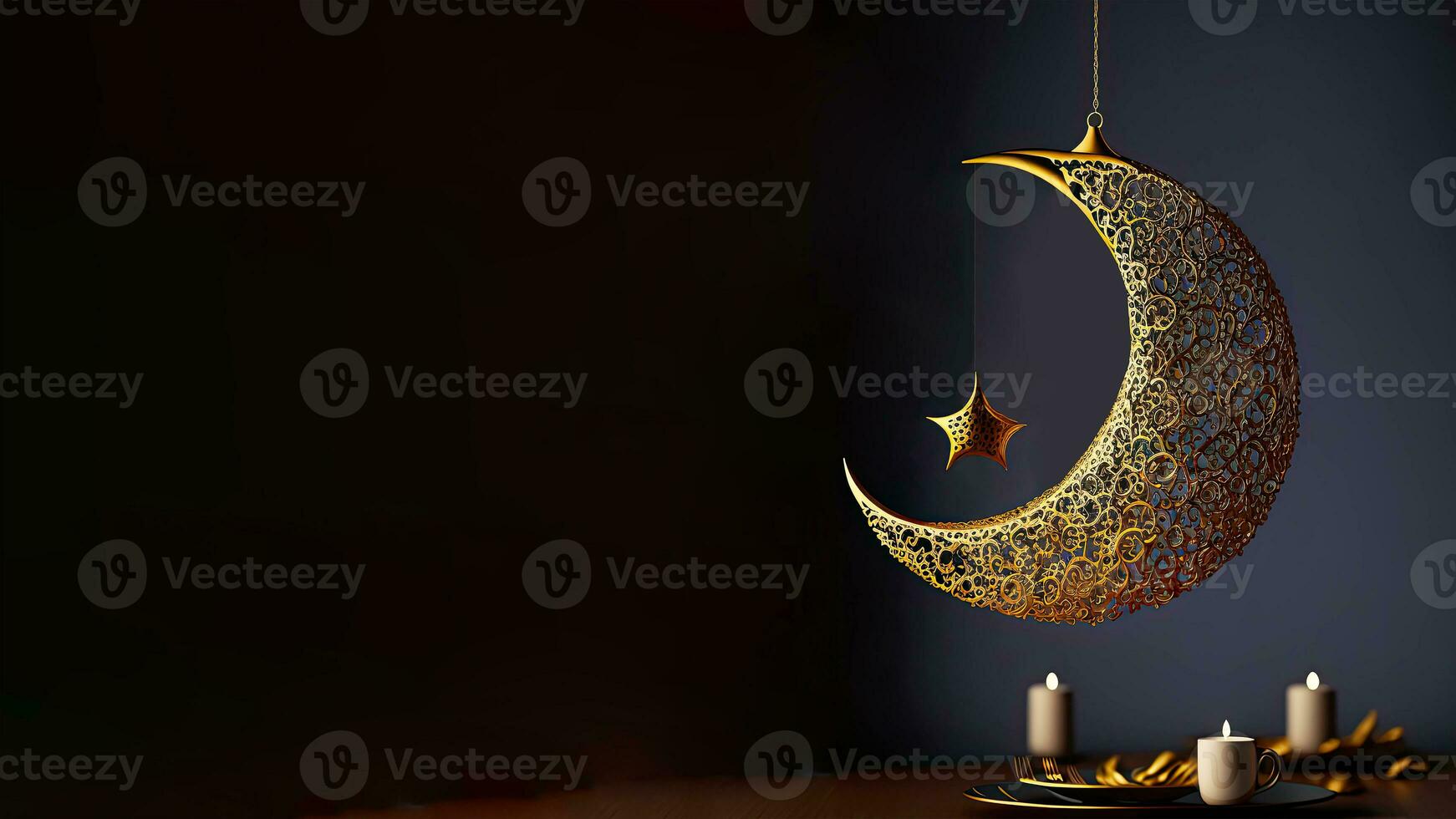 3D Render of Hanging Exquisite Shiny Carved Moon With Stars And Illuminated Candles On Black Background. Islamic Religious Concept. photo