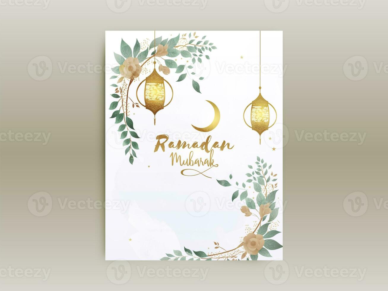 Ramadan Mubarak Greeting Card With Golden Crescent Moon, Arabic Lamps Hang On Floral Decorated Background. photo