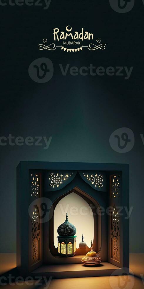 3D Render. Ramadan Mubarak Banner Design With Arabic Lantern With Mosque Inside Islamic Window Copy Space. Islamic Religious Concept. photo