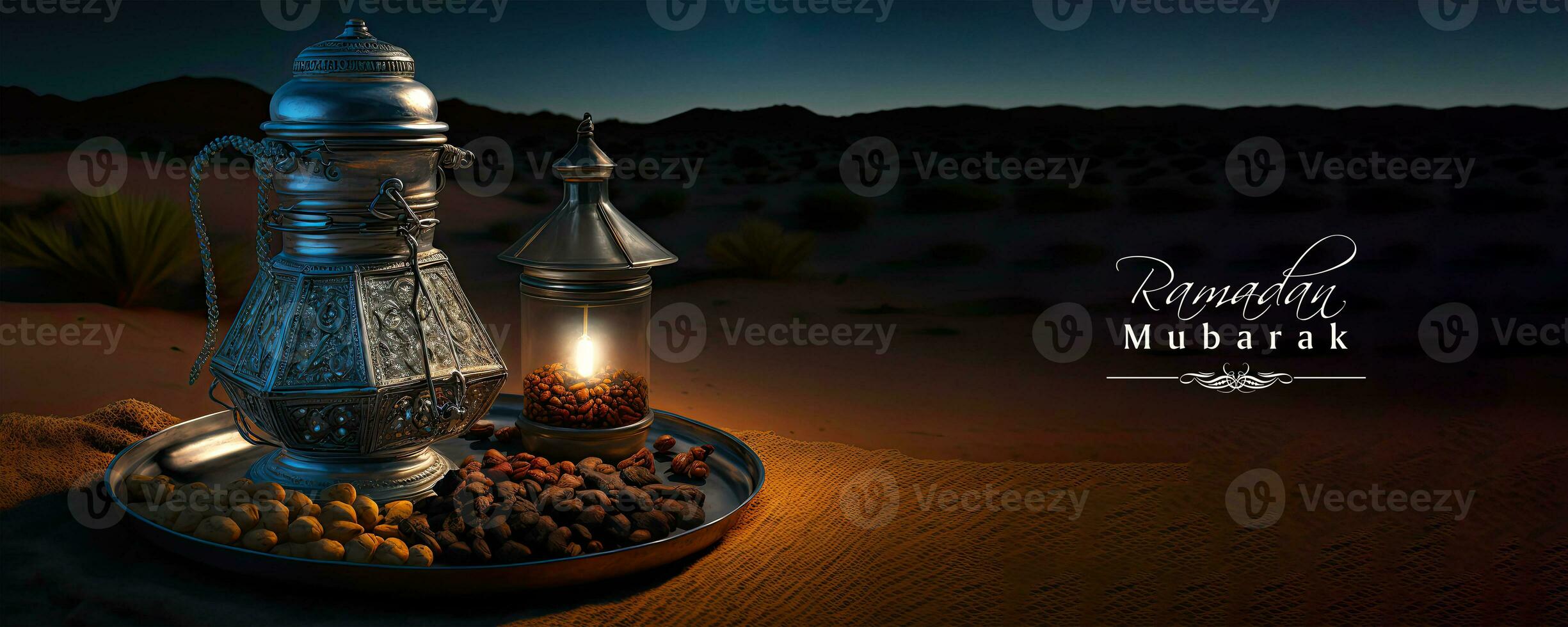 Ramadan Mubarak Banner 3D Render, Arabic Jug With Dry Fruits On Silver Tray And Illuminated Lanterns. Islamic Religious Concept. photo