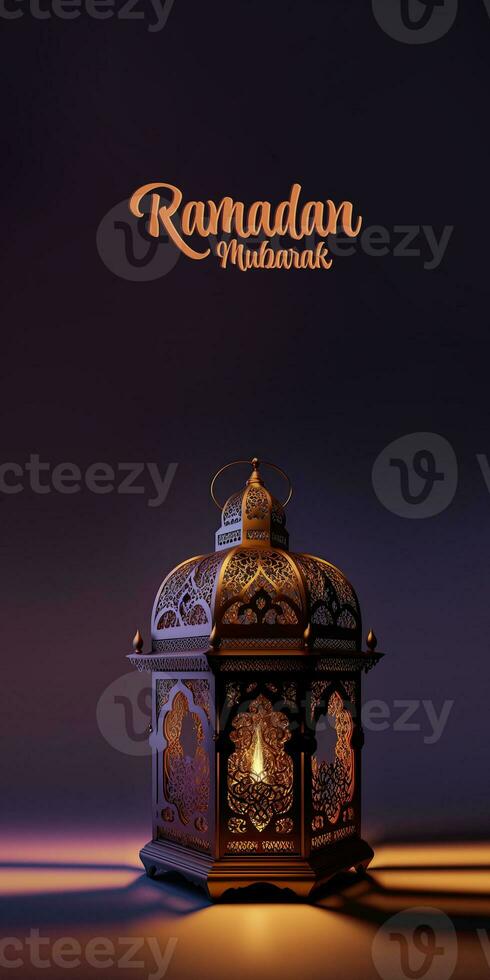 Ramadan Mubarak Banner Design With Realistic Illuminated Arabic Lamp On Shiny Purple Background. 3D Render. photo
