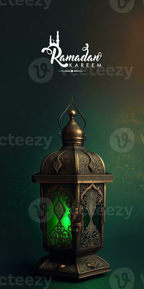 Ramadan Kareem Banner Design With Illuminated Arabic Lamp On Green Shiny Background. 3D Render. photo