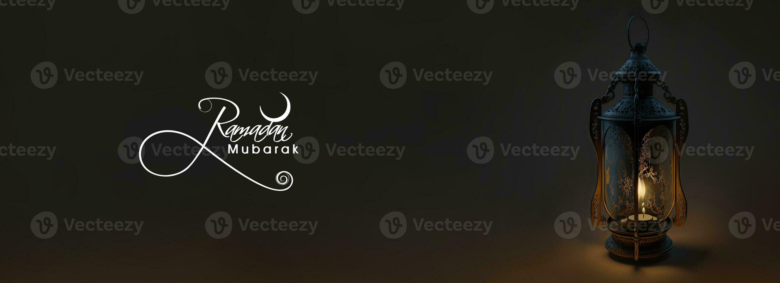 Ramadan Mubarak Vertical Banner Design With Realistic Illuminated Arabic Lantern On Black And Brown Background. 3D Render. photo