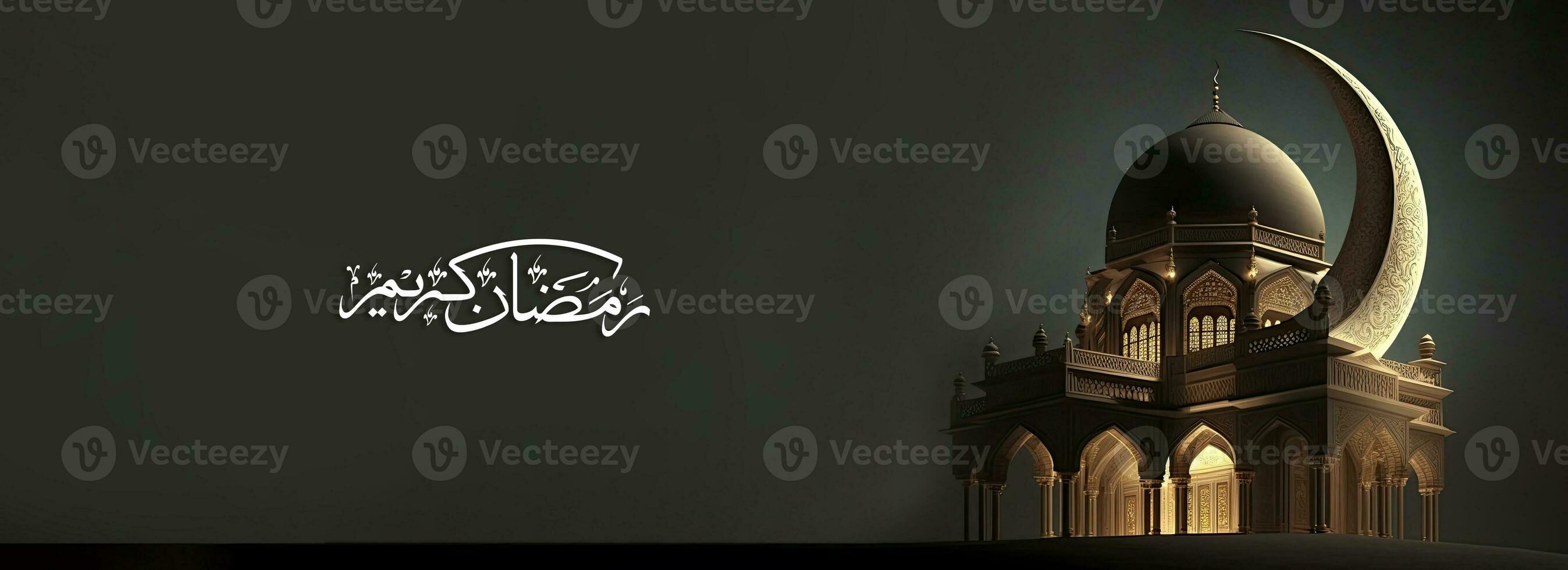 Arabic Calligraphy of Ramadan Kareem And 3D Render of Beautiful Mosque With Crescent Moon On Black Background. Banner or Header Design. photo