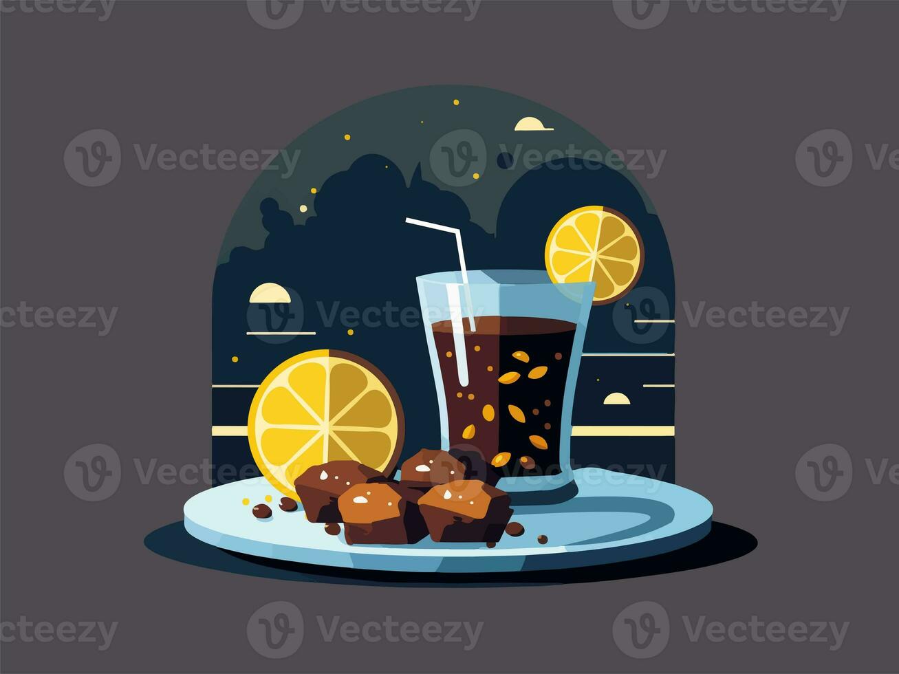 Drink Glass With Lemon Slice, Sweet On Plate Against Dark Background And Copy Space. photo