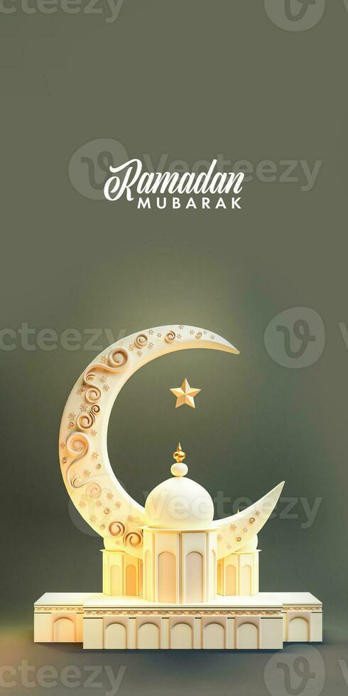 Ramadan Mubarak Vertical Banner Design, 3D Render of Beautiful Mosque With Crescent Moon, Star On Pastel Olive Green Background. photo