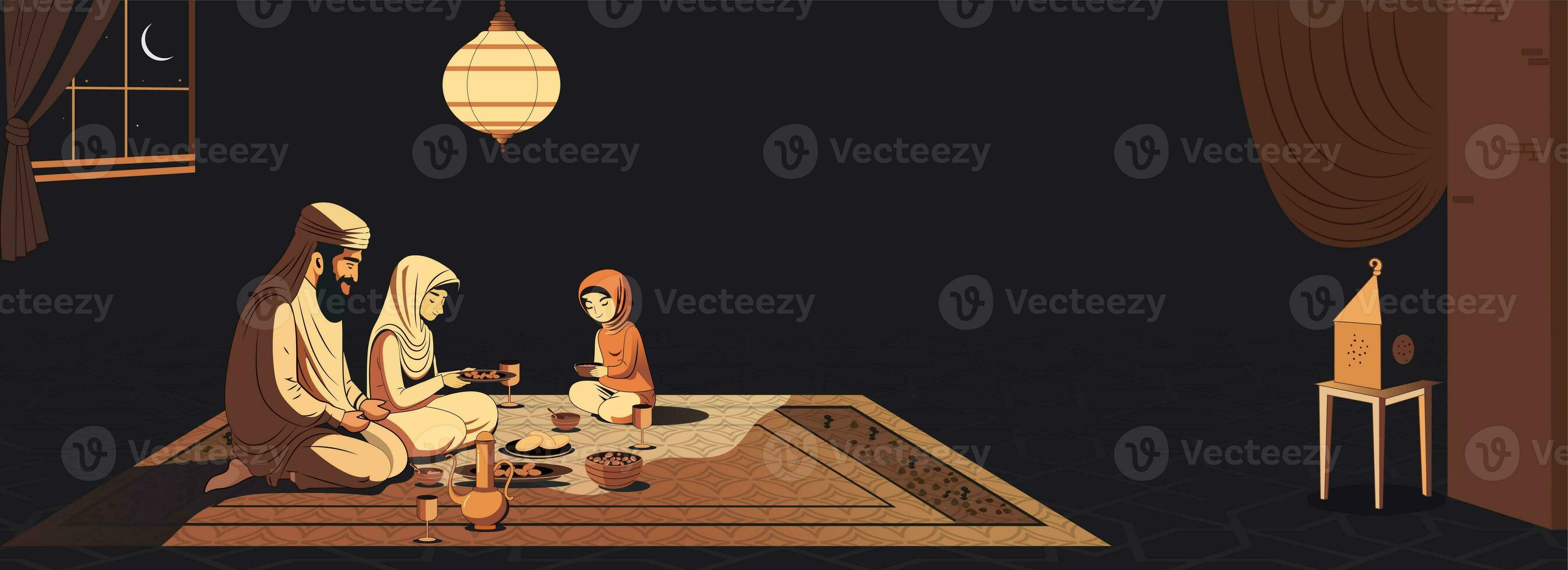 Arab Family Character Enjoying Delicious Meals Together On Carpet And Ceiling Lamp In Night Time. Islamic Festival Banner Design. photo