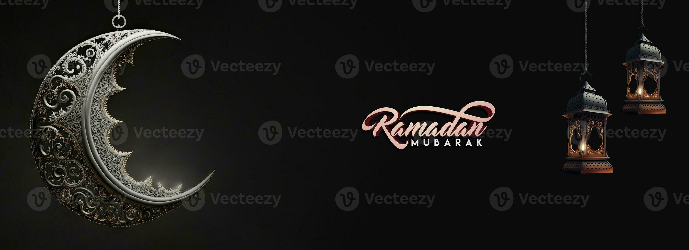 Ramadan Mubarak Banner Design With 3D Render, Hanging Crescent Moon With Hanging Arabic Lamp On Dark Background. photo