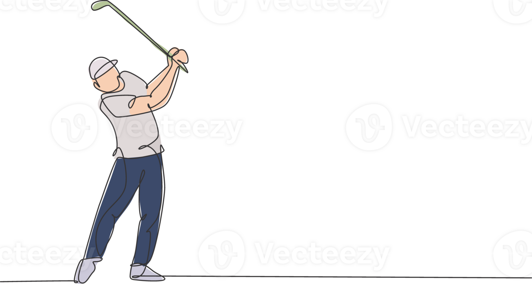 One single line drawing of young sporty golf player hit the ball using golf club graphic illustration. Healthy sport concept. Modern continuous line draw design for golf tournament poster png