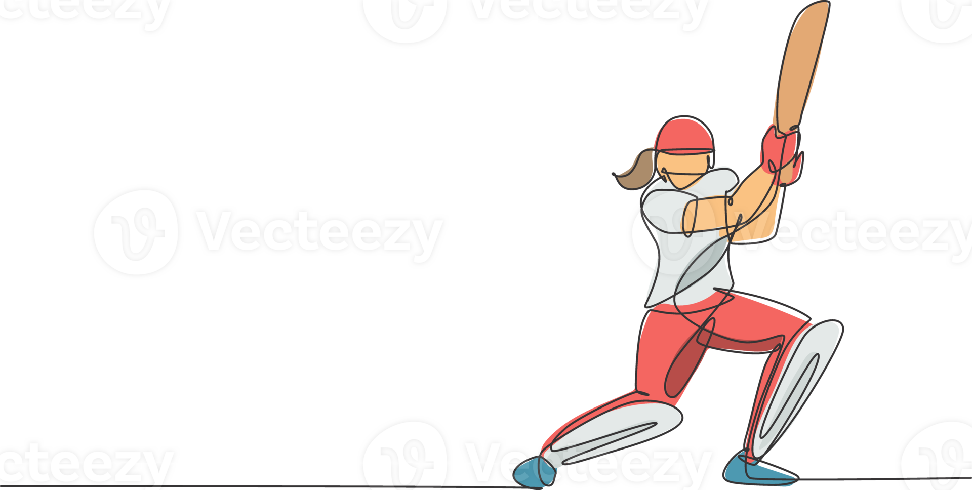 One continuous line drawing of young happy woman cricket player focus to hit the ball at field illustration. Competitive sport concept. Dynamic single line draw design for advertisement poster png