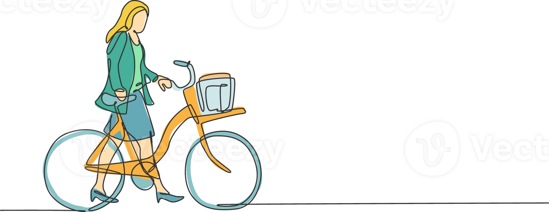 One single line drawing young happy startup employee woman ride bicycle to the coworking space graphic illustration. Healthy urban worker lifestyle concept. Modern continuous line draw design png