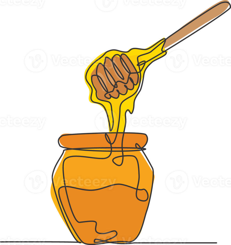 One single line drawing fresh sweet natural gold honey on glass jar with wooden dipper graphic illustration. Natural organic supplement concept. Modern continuous line draw healthy food design png