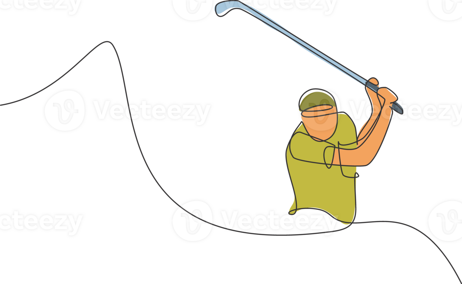 Single continuous line drawing of young happy golf player swing the golf club to hit the ball. Hobby sport concept. Trendy one line draw design illustration for golf tournament promotion media png