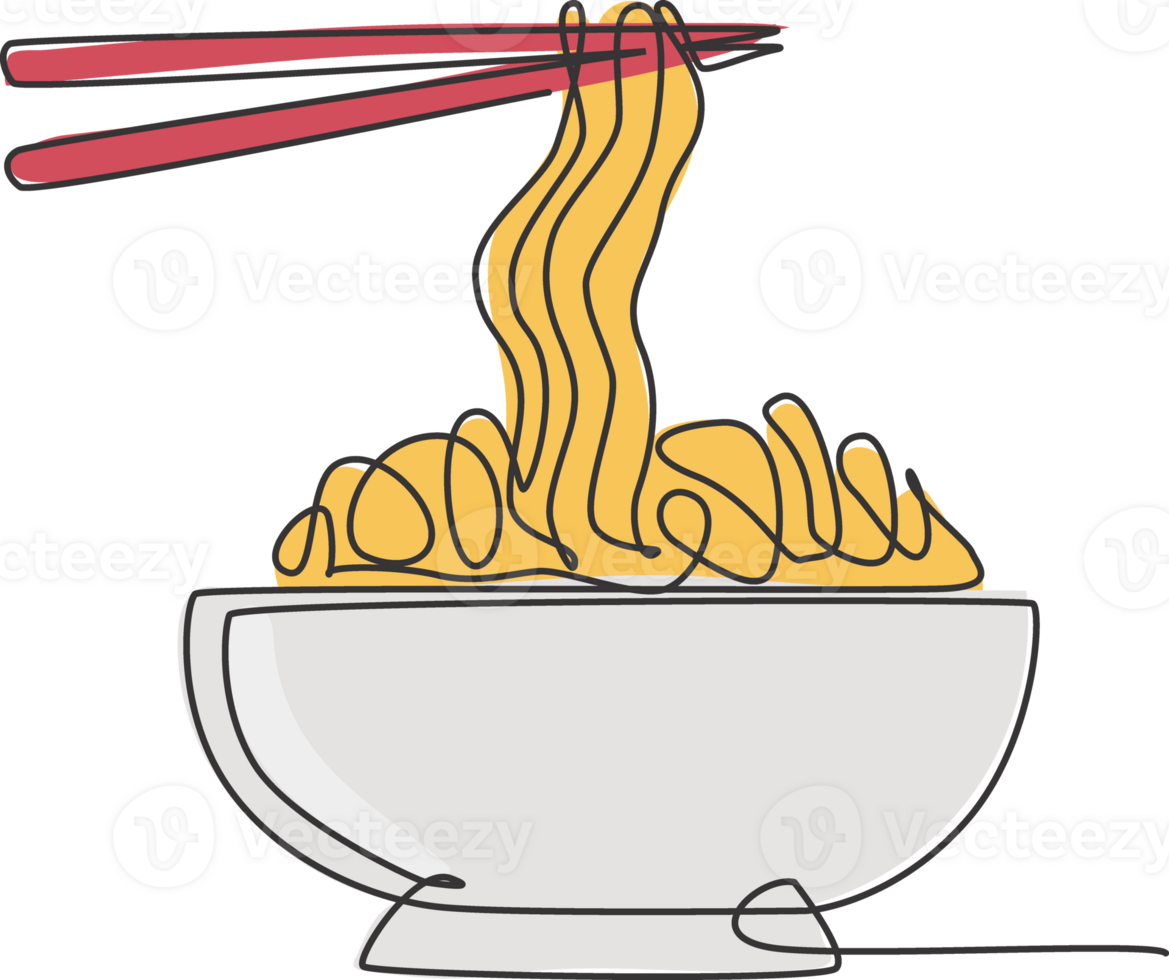 One continuous line drawing of fresh delicious Japanese ramen restaurant logo emblem. Fast food Japan noodle cafe shop logotype template concept. Modern single line draw design illustration png
