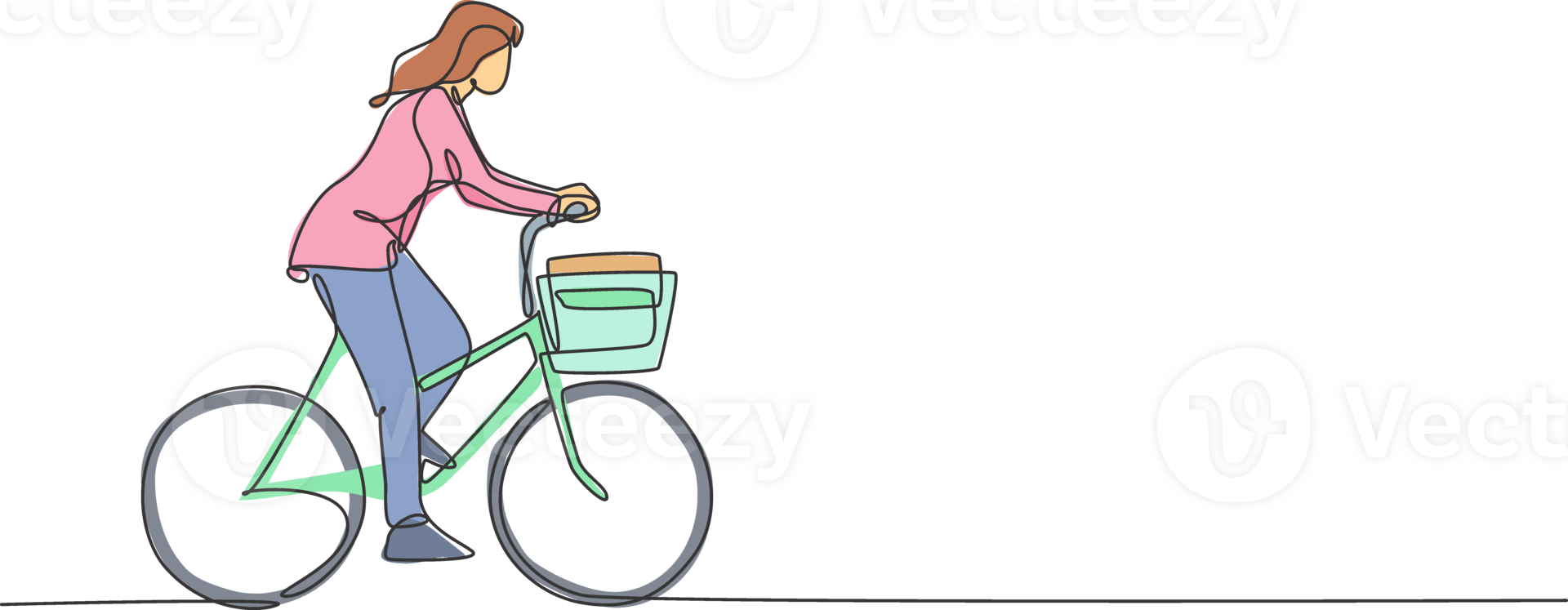 uno singolo linea disegno giovane contento avviare dipendente donna cavalcata bicicletta per il coworking spazio illustrazione grafico. salutare urbano pendolare stile di vita concetto. moderno continuo linea disegnare design png