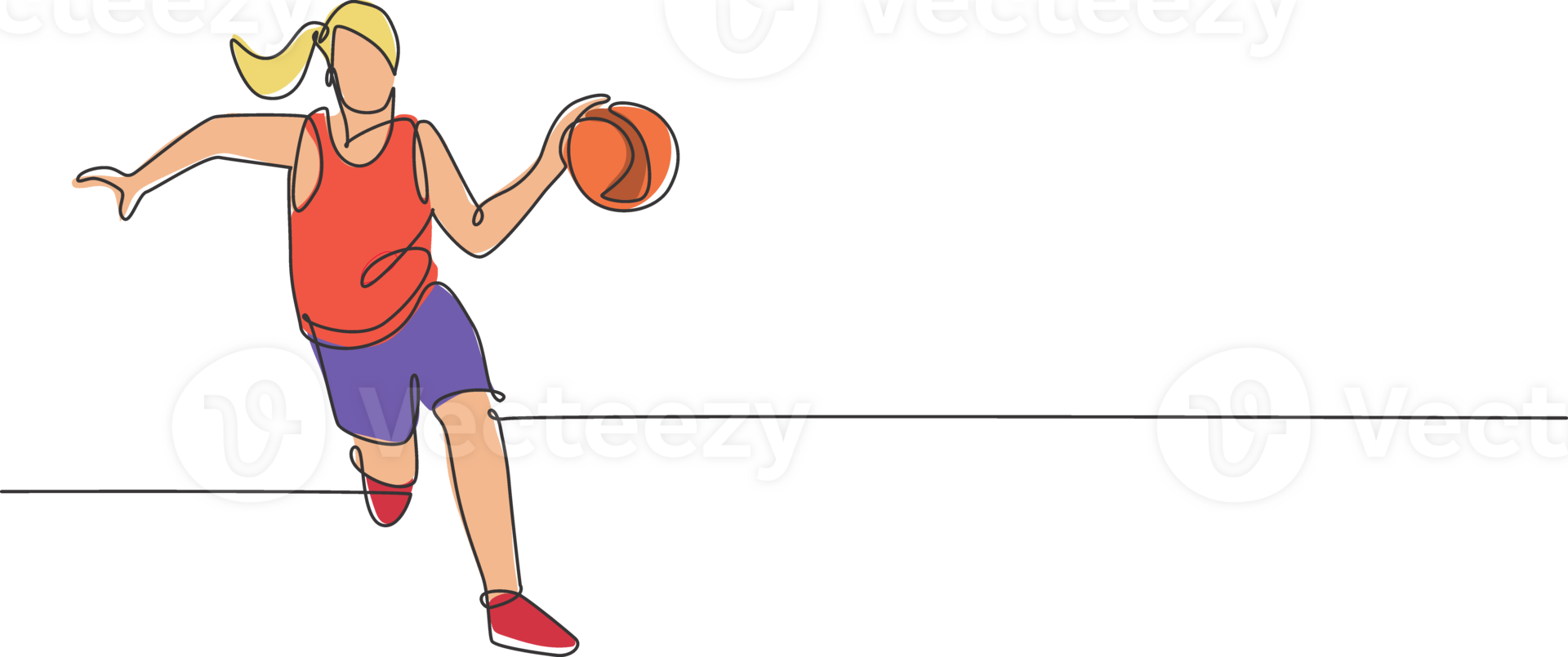 One continuous line drawing of young basketball woman player running and dribbling a ball. Competitive team sport concept. Dynamic single line draw design vector illustration graphic for sport poster png