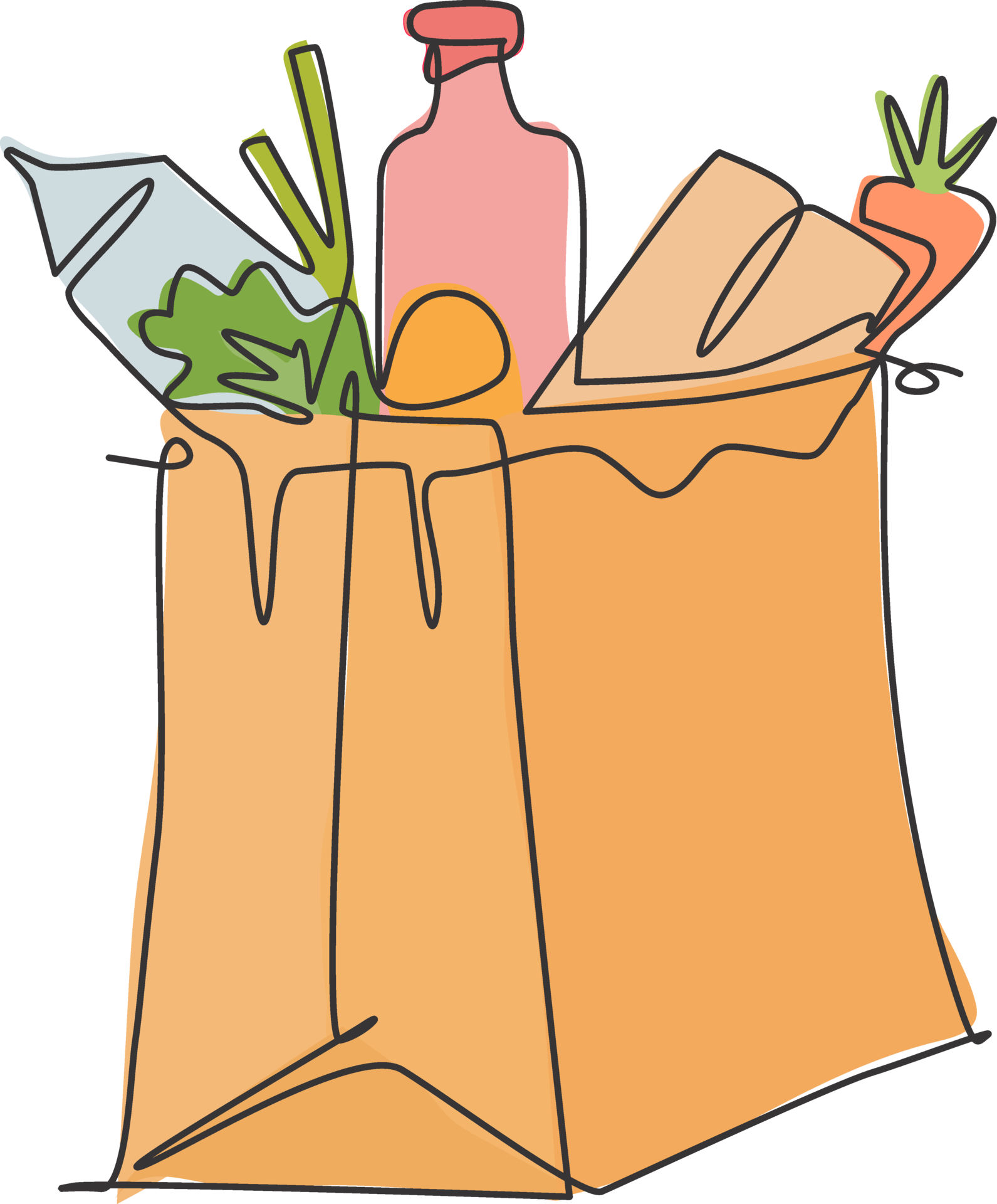 One Single Line Drawing Of Fresh Paper Grocery Bag Contain Milk Carrot one-single-line-drawing-of-fresh-paper-grocery-bag-contain-milk-carrot