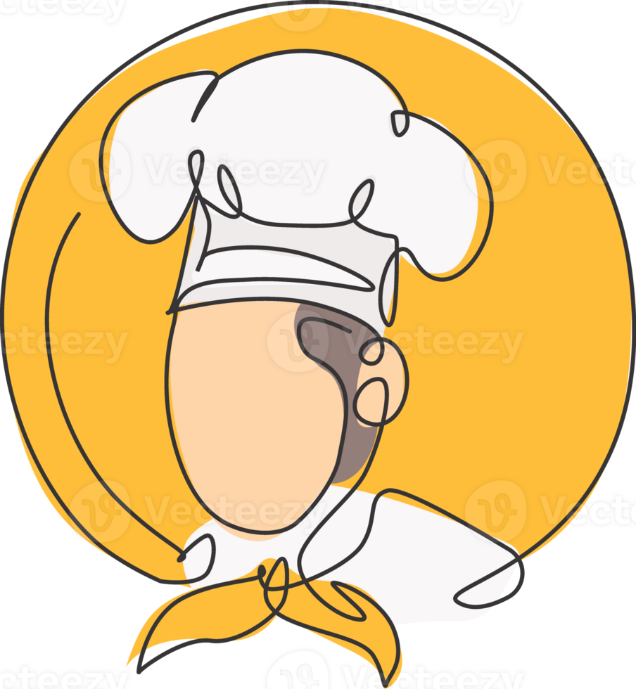 One single line drawing of chef man character for restaurant logo graphic illustration. Food cafe mascot badge concept. Modern continuous line draw design five star restaurant hotel logotype png