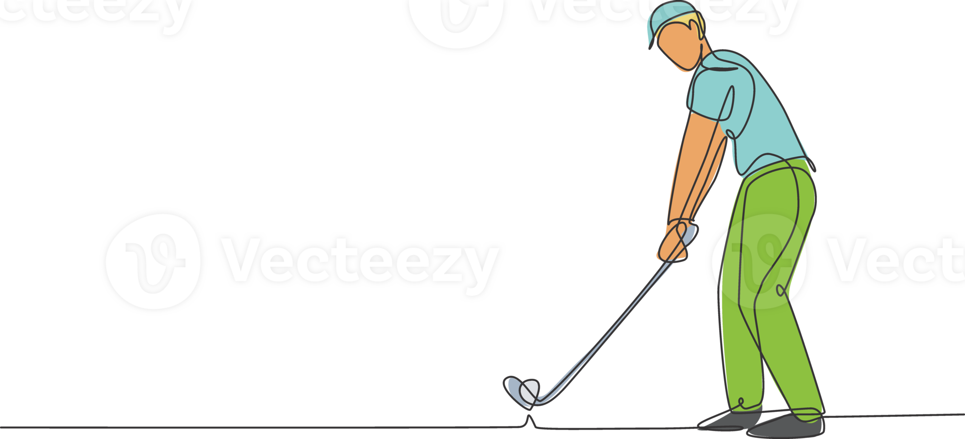 Single continuous line drawing of young happy golf player swing the golf club to hit the ball. Hobby sport concept. Trendy one line draw design illustration for golf tournament promotion media png