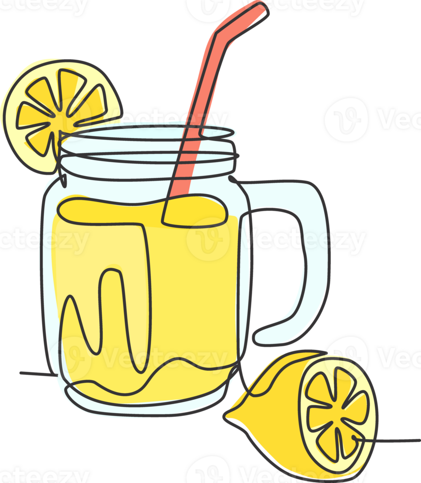 ett enda linje teckning av färsk citronsaft is på burk glas med skivad citron- illustration grafisk. Kafé meny och restaurang bricka begrepp. modern kontinuerlig linje dra konst design png