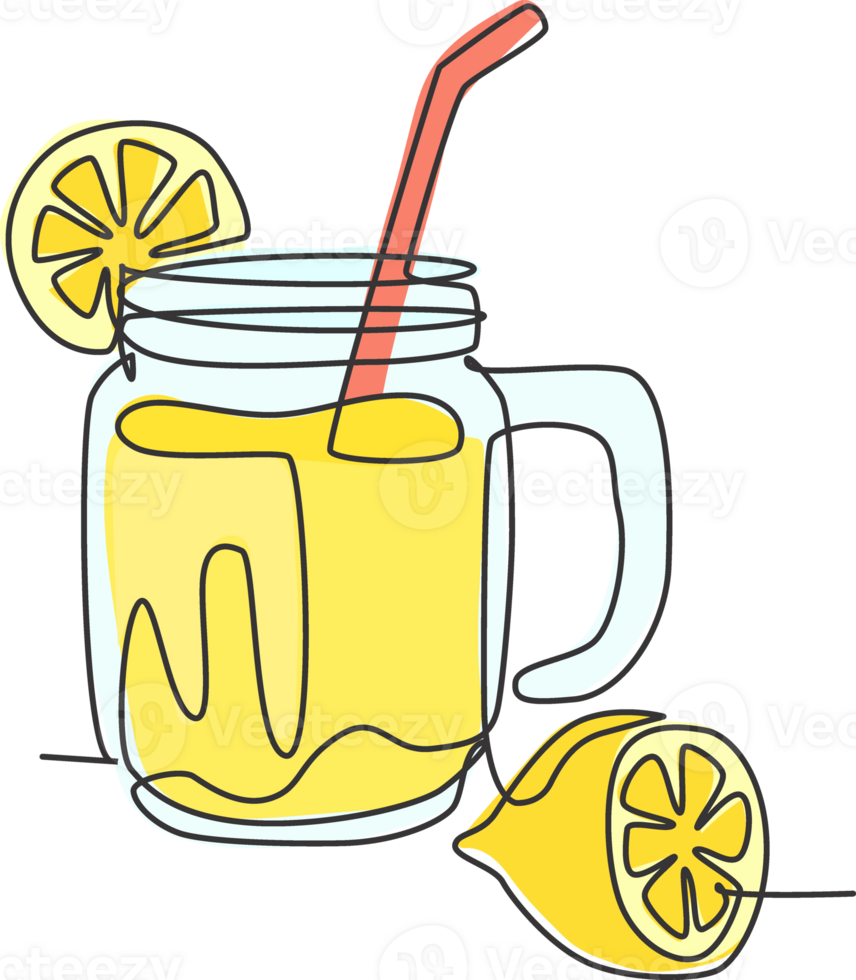 One single line drawing of fresh lemonade ice on jar glass with sliced lemon illustration graphic. Cafe menu and restaurant badge concept. Modern continuous line draw art design png