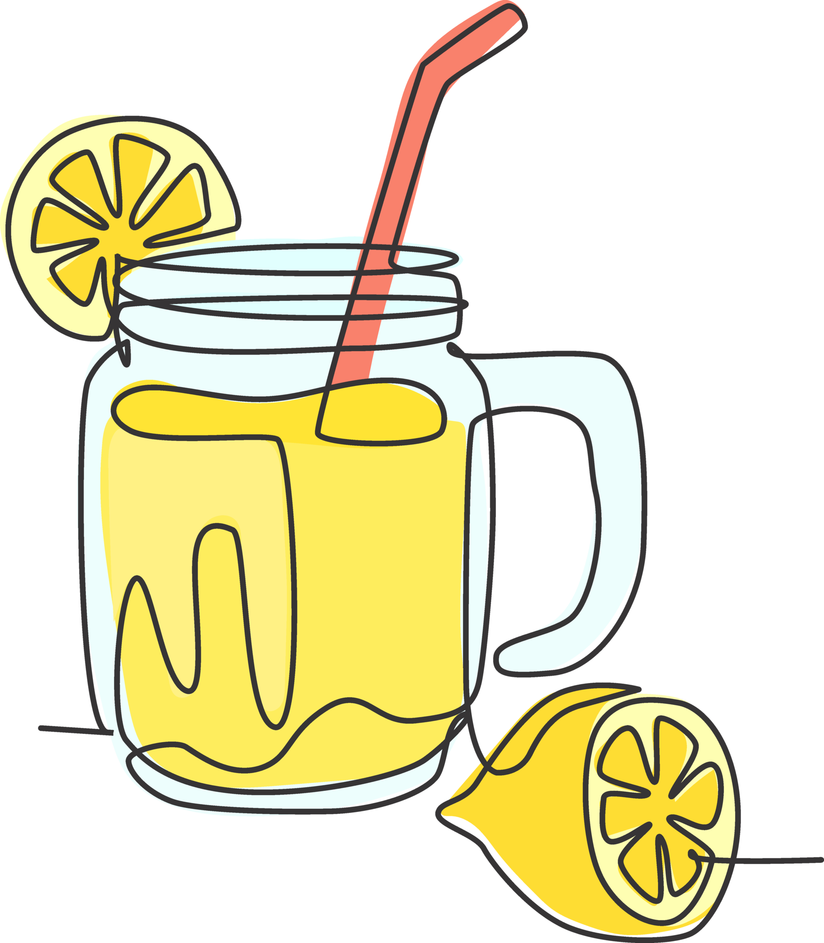 One Single Line Drawing Of Fresh Lemonade Ice On Jar Glass With Sliced one-single-line-drawing-of-fresh-lemonade-ice-on-jar-glass-with-sliced