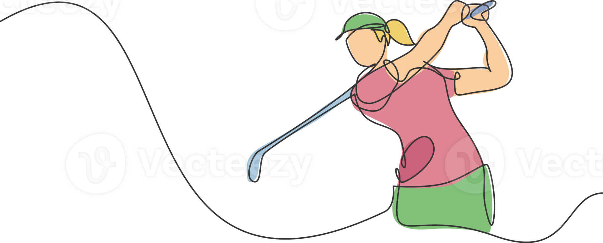 One single line drawing of young sporty golf player hit the ball using golf club graphic illustration. Healthy sport concept. Modern continuous line draw design for golf tournament poster png