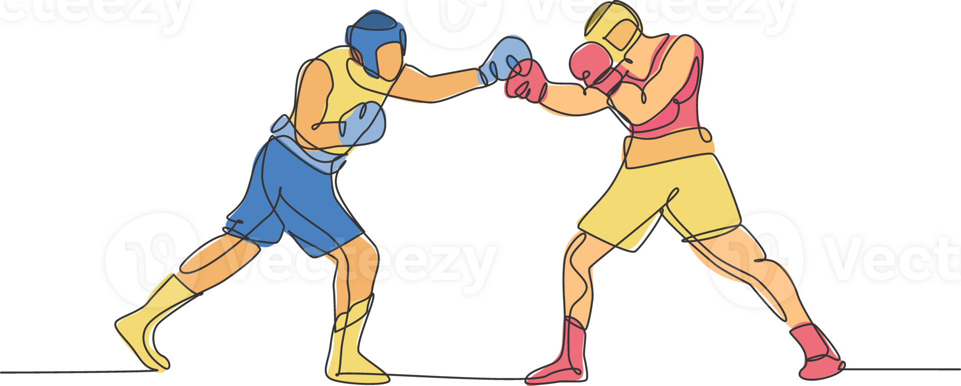 uno continuo linea disegno di Due giovane sportivo uomini pugile duello a boxe squillo. competitivo combattere sport concetto. dinamico singolo linea disegnare design illustrazione per boxe incontro promozione manifesto png
