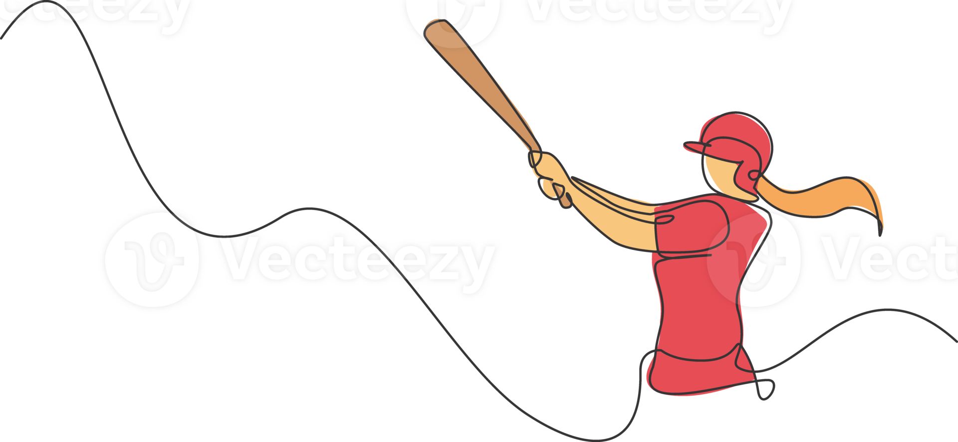 One single line drawing of young energetic woman baseball player practice to hit the ball illustration. Sport training concept. Modern continuous line draw design for baseball tournament banner png