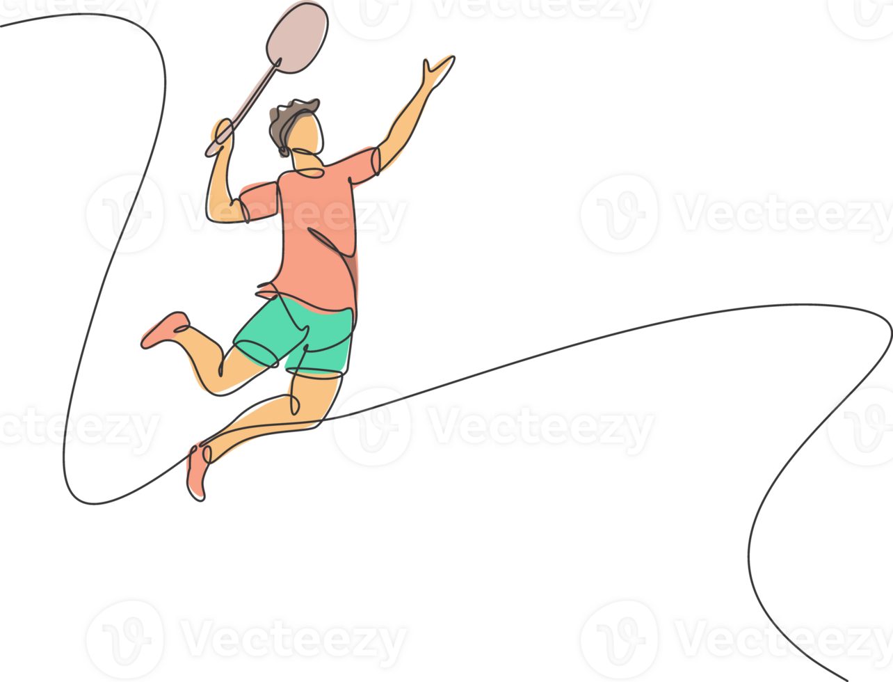 Single continuous line drawing of young agile badminton player jump and smash the ball. Sport exercise concept. Trendy one line draw design illustration for badminton tournament publication png