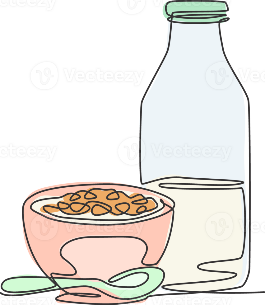One continuous line drawing fresh delicious bowl of cereal breakfast and a bottle of milk. Healthy breakfast template concept. Modern single line draw design natural food graphic illustration png