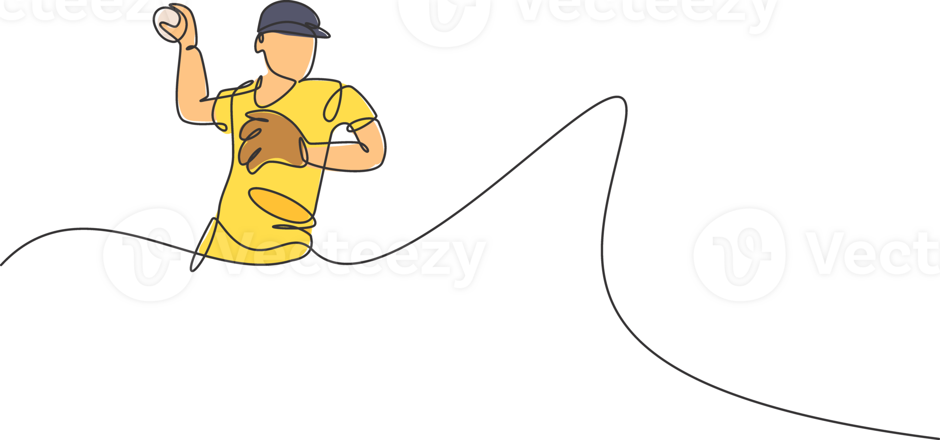 One single line drawing of young energetic man baseball pitcher train to throw the ball illustration. Sport training concept. Modern continuous line draw design for baseball tournament banner png