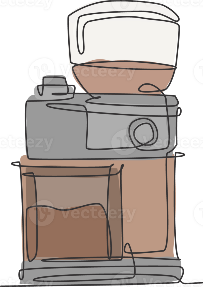 One single line drawing of modern electric coffee beans grinder machine logo illustration. Coffee shop and restaurant badge concept. Modern continuous line draw design beverage store logotype png