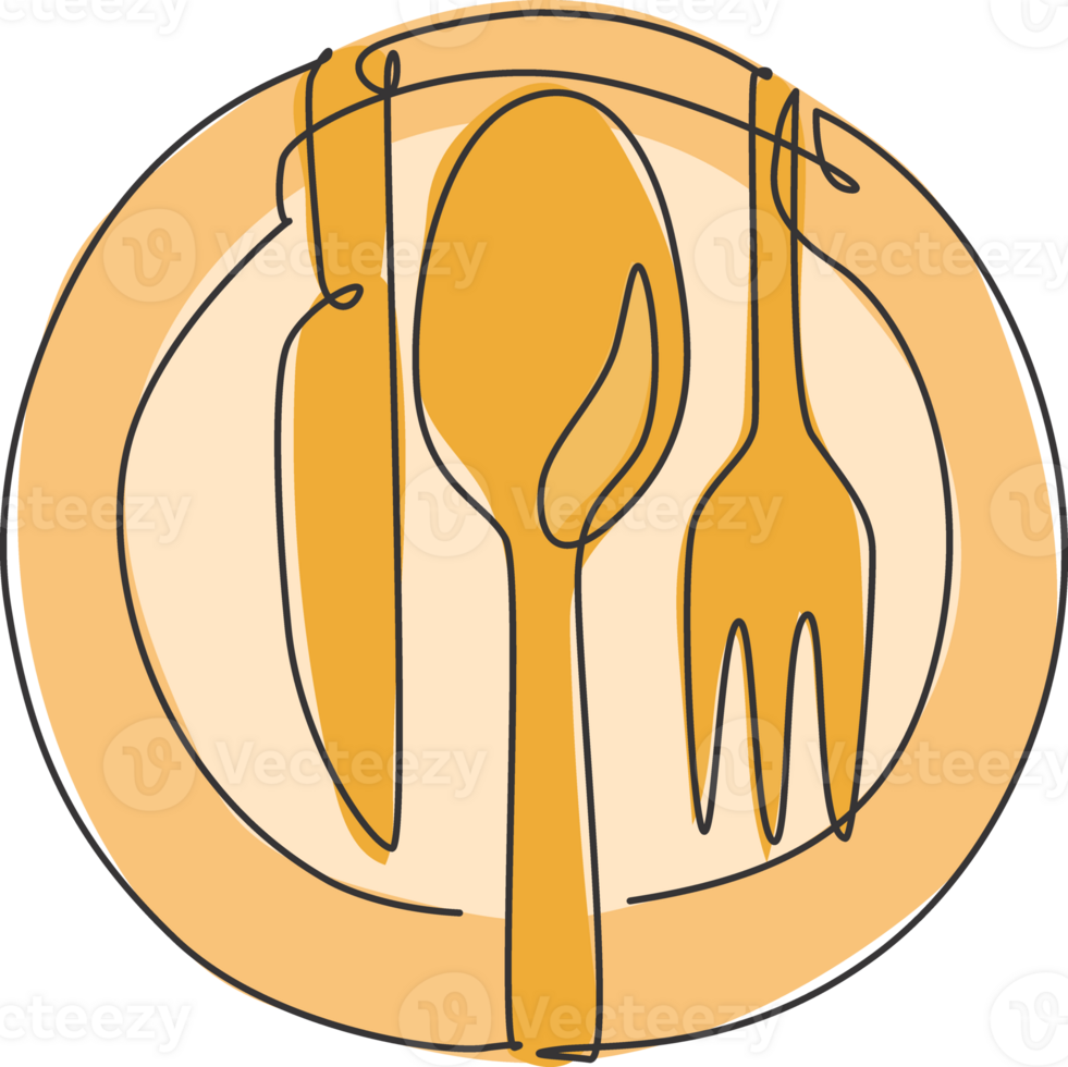 One single line drawing of plate knife, fork and knife for restaurant logo illustration graphic. Luxury cafe badge concept. Modern continuous line draw design food store art logotype png