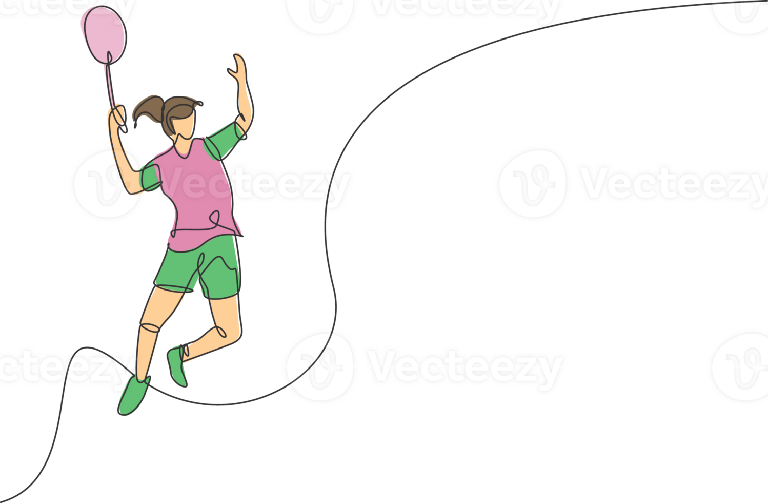 One continuous line drawing of young badminton player jump hit shuttlecock with racket. Competitive sport concept. Dynamic single line draw design illustration for tournament promotion poster png