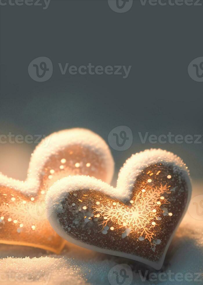 3D Render of Shiny Hearts On Snow Background. Love Concept. photo